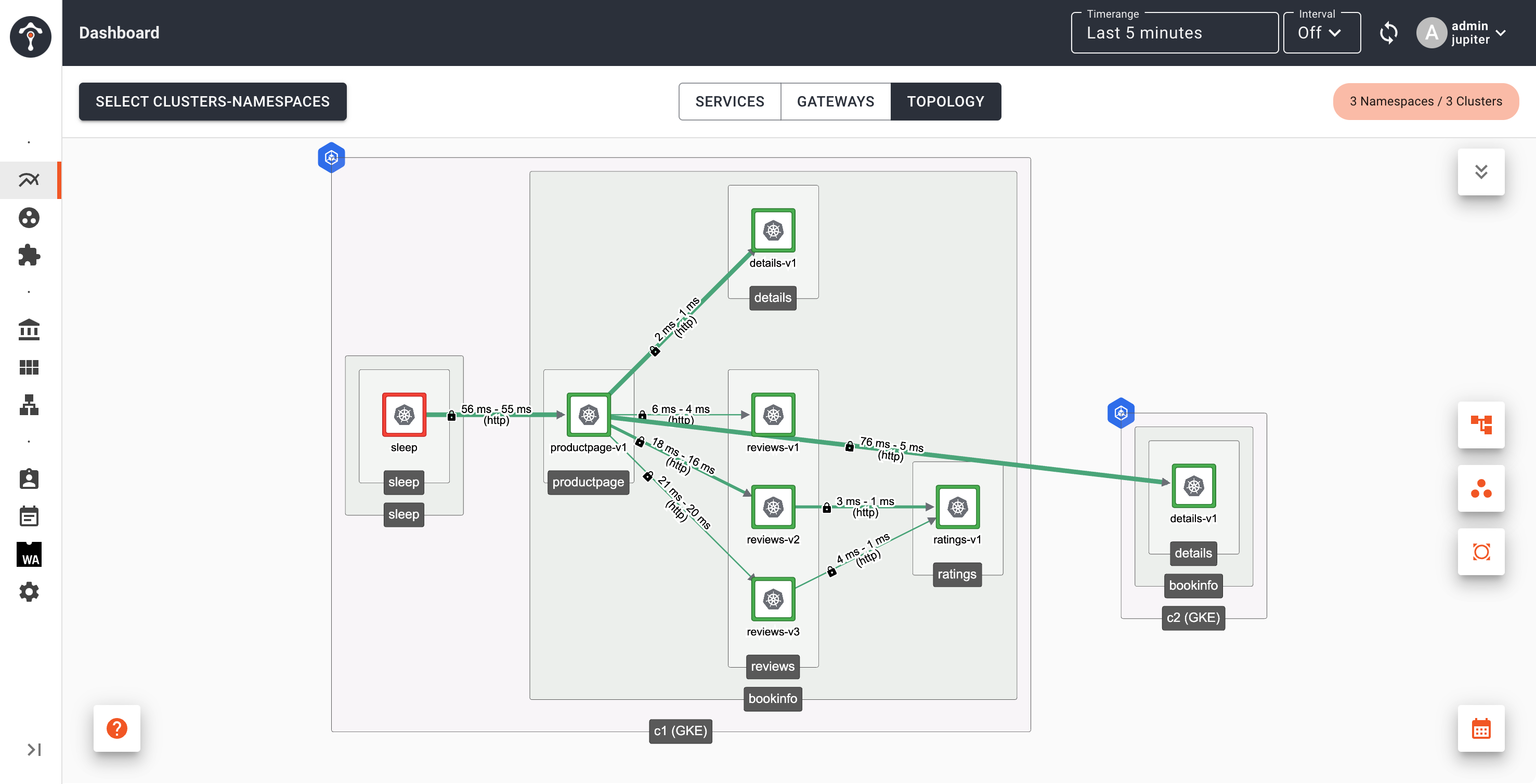 productpage service in Cluster 1 (c1) is sending request to details service in Cluster 2 (c2)