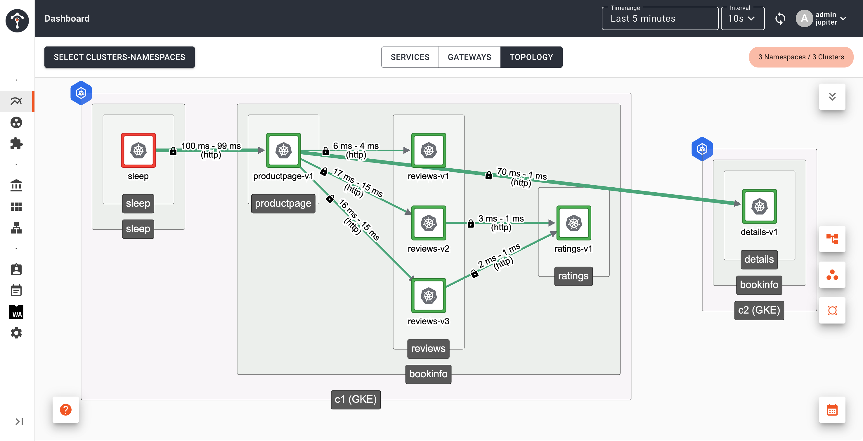 details service in Cluster 1 (c1) is removed from topology view