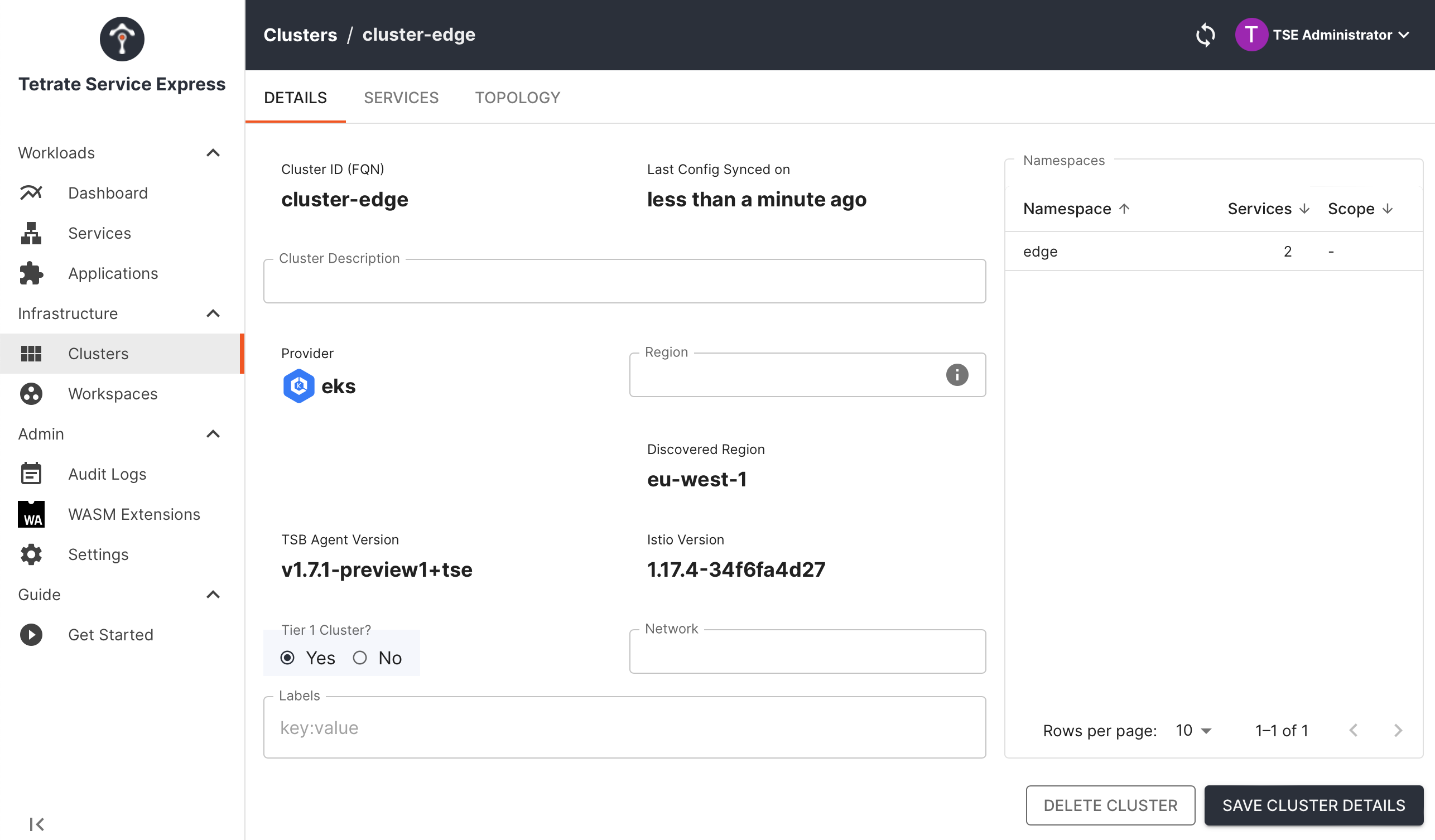 Configure cluster-edge to be a Tier-1 cluster