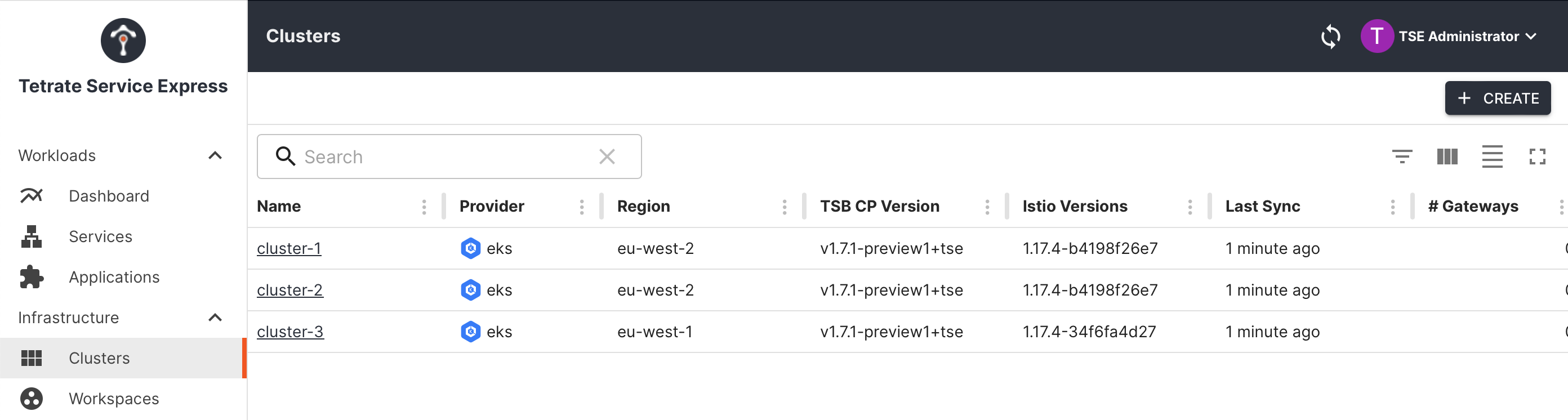 Tetrate managing three clusters, two in eu-west-2 and one in eu-west-1