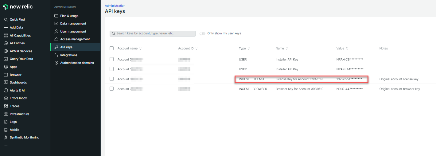 INGEST - LICENSE key in New Relic UI